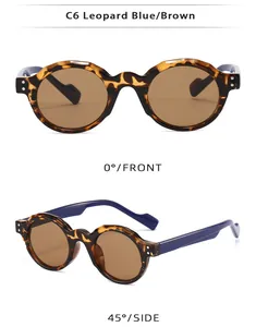 Detailed front and side view of leopard print round sunglasses with blue temples