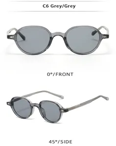 Front and side views of grey oval TR90 sunglasses with metallic silver arrow rivets