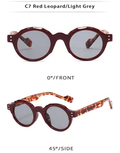 Detailed front and side views of vintage round wine red sunglasses with leopard print temples