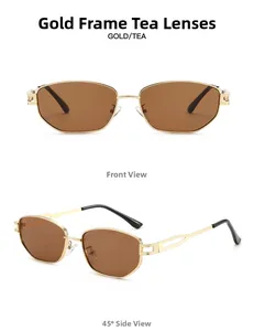Detail of gold metal sunglasses with tea lenses showing front and side profile views