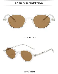 Front and side views of vintage oval TR90 sunglasses with transparent brown frames