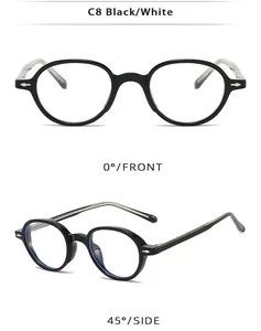 Front and side views of black oval sunglasses frames with silver arrow accents