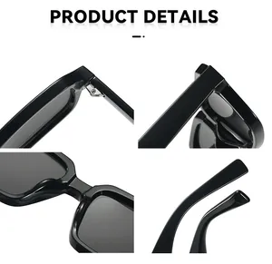 Detail view of square sunglasses showing metal hinges, thick frames and ergonomic nose pads