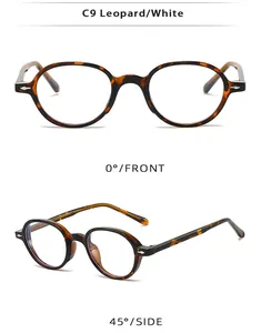 Macro detail of retro oval TR90 glasses frame in leopard tortoiseshell finish