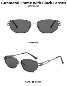 Front and side view of gunmetal geometric sunglasses with black lenses and hollow temples