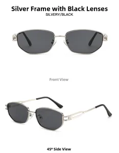 Close-up of silver metal geometric sunglasses with hollowed temples and dark lenses
