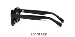 Detail of silver hinges on black square sunglasses with 90-degree back view