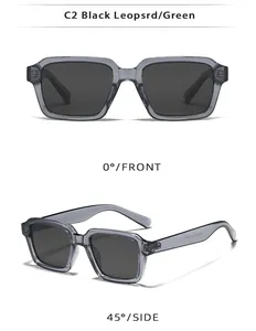 Detail view showing front and side profile of rectangular dark grey sunglasses
