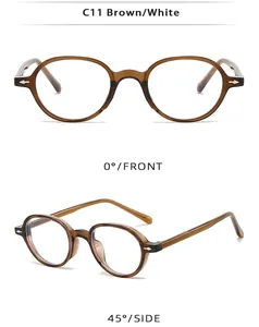 Retro oval TR90 sunglasses in tea brown finish with metal hinge detail views