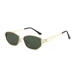 Polygonal gold metal sunglasses with dark lenses shown from a 45-degree angle