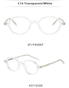 Detail view of retro oval transparent white TR90 glasses frame with metal temple core