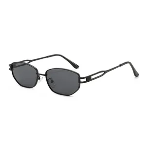 Fashionable geometric metal sunglasses with hollow temples and black polygonal lenses