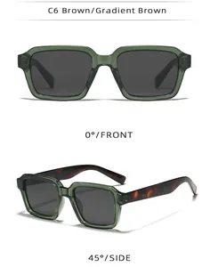 Front and side views of vintage square sunglasses with green frames and leopard arms