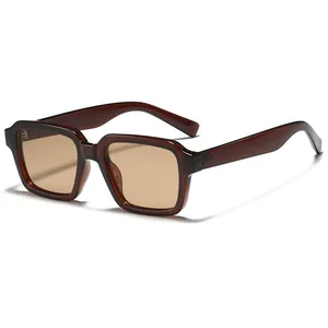 Retro square sunglasses with amber translucent frames and brown lenses for women