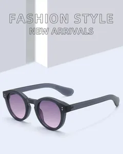 Detail of round sunglasses with gradient purple lenses and double rivet temple accents