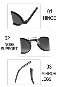 Detail view showing hinges, clear nose pads, and temple tips of round black sunglasses