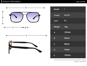 Detailed size chart for stylish square women sunglasses with alloy frame and purple lenses