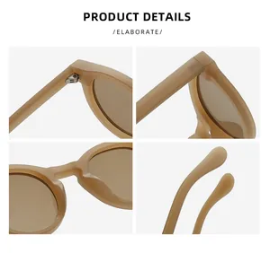 Close-up of metal hinges and matte light brown frame of stylish round sunglasses