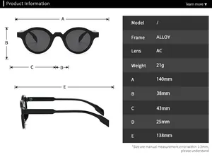 Size chart showing dimensions and alloy frame material of retro round sunglasses