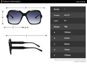 Detailed size chart for retro square metal sunglasses with frame and lens measurements