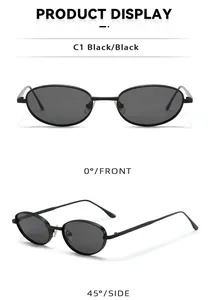 Front and 45-degree side views of black metal oval steampunk sunglasses on white background