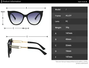 Tableau des tailles pour lunettes de soleil œil de chat avec monture en alliage et PC