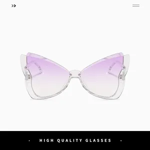 Macro detail of butterfly shaped sunglasses with purple gradient lenses and clear frame