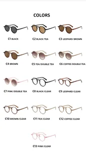 Detailed catalog of round vintage sunglasses and clear frame glasses in thirteen colors