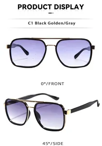 Detail view of black and gold square frame sunglasses with gradient lenses