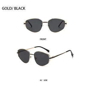 Front- und 45-Grad-Ansichten der polygonalen Metall-Sonnenbrille in Gold mit schwarzen Gläsern
