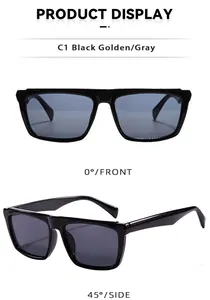 Front and side display of square retro black sunglasses with grey lenses and gold hinges