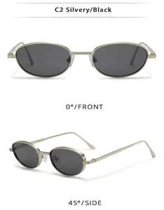 Front and side view of steampunk metal oval sunglasses in silver and black finish