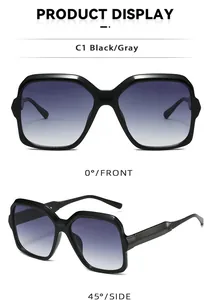 Close-up of square black sunglasses C1 with gray gradient lenses at front and side angles