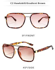 Detail of hawksbill square sunglasses with double metal bridge and brown gradient lenses