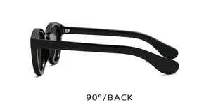 Detail view of black round frame sunglasses showing temple hinges and 90-degree back angle