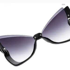 Close-up of cat-eye sunglasses with glossy black frames and purple gradient lenses