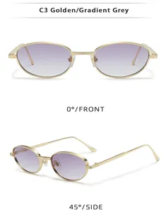 Detailed front and side views of golden metal steampunk oval sunglasses with gradient lenses