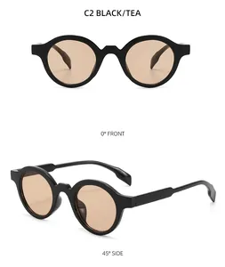 Front and side view of retro round black sunglasses with tea-colored lenses