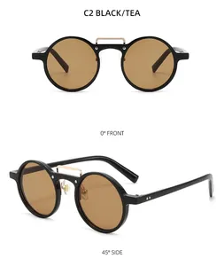 Detailed front and side view of retro round sunglasses with black frame and golden bridge