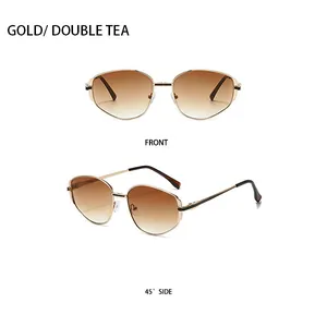 Front- und Seitenansicht der polygonalen Metall-Sonnenbrille mit Teebraun-Verlaufsglaeser