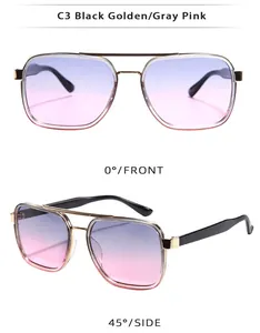 Detail view of square pilot sunglasses in black gold frame with gray pink gradient lenses