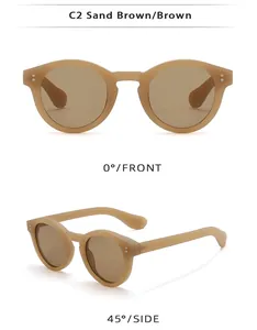 Front and 45-degree side views of round sand brown sunglasses with brown lenses