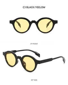 Detailed views of vintage round sunglasses in black frames with yellow lenses