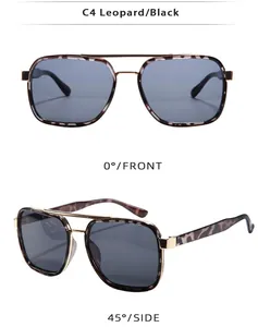 Detailed front and 45-degree side views of leopard print sunglasses with gold metal frame