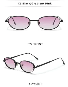 Front and 45-degree side views of retro steampunk oval sunglasses with pink gradient lenses