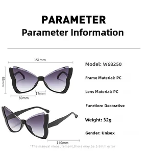 Detailed size parameter chart for butterfly sunglasses featuring purple gradient lenses