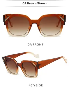 Détail de lunettes de soleil carrées marron dégradé avec accents dorés et design géométrique
