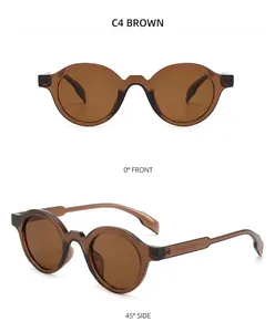 Front and 45-degree side view of vintage round sunglasses in translucent brown finish