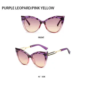 Détail des lunettes de soleil œil de chat léopard violet avec verres dégradés roses