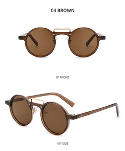Detailed front and side views of vintage round brown sunglasses with golden bridge accent